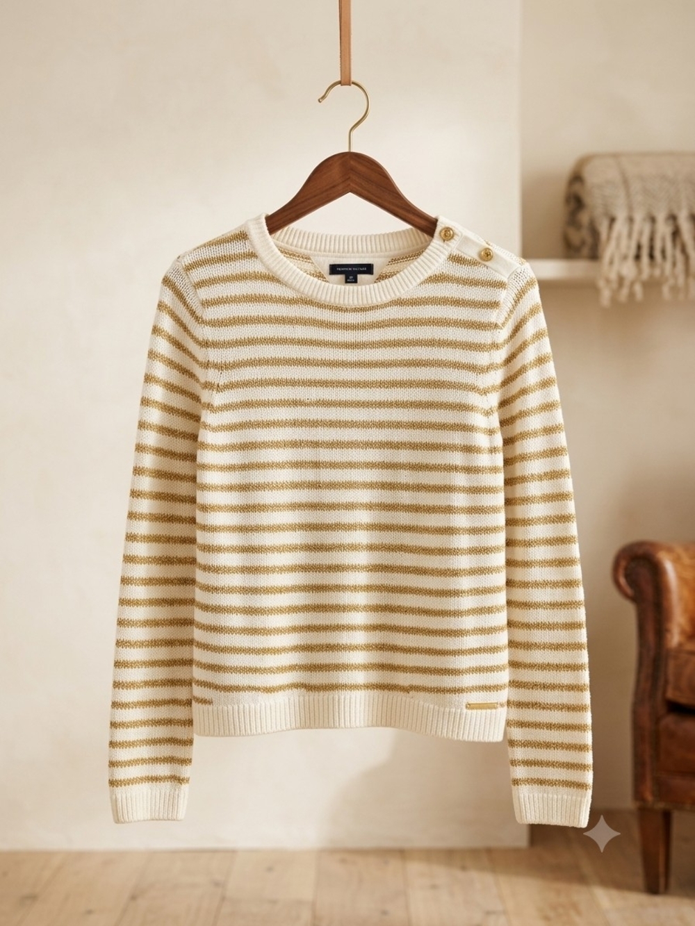 Tommy Hilfiger warm crew neck sweater in gold and cream stripes